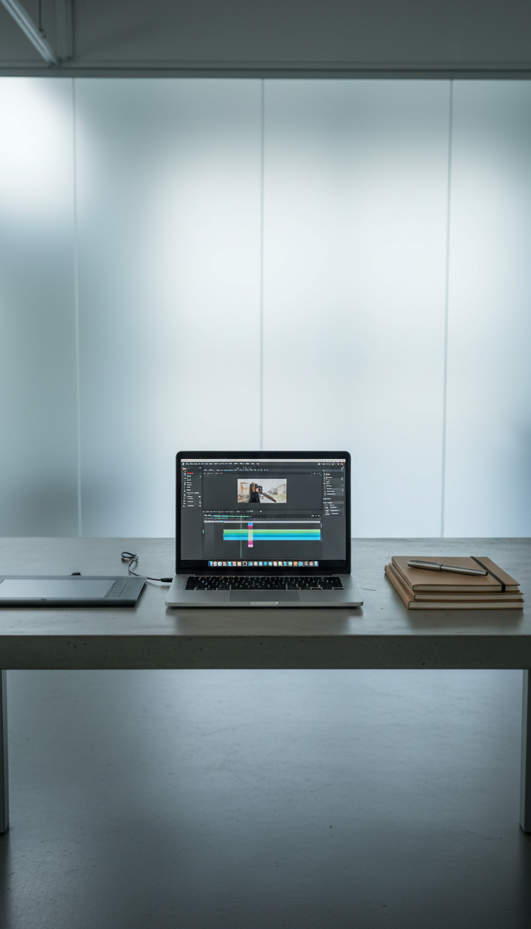A minimalist desktop workspace featuring a brushed-aluminum laptop with an open editing software interface visible, a slim graphics tablet, and a stack of craft-paper notebooks with a metallic pen laid precisely on top. The setting is a spacious studio with a smooth, concrete work table and a backdrop of frosted glass panels. Cool daylight filters through, creating soft highlights and faint reflective patterns on the workspace. The overall mood is organized, calm, and technically purposeful. Photographed head-on at eye level, utilizing the rule of thirds with clear spatial balance and a structured, corporate aesthetic. The style is clean, photographic, and modern, emphasizing professionalism and the creative process inherent to filmmaking and photography.