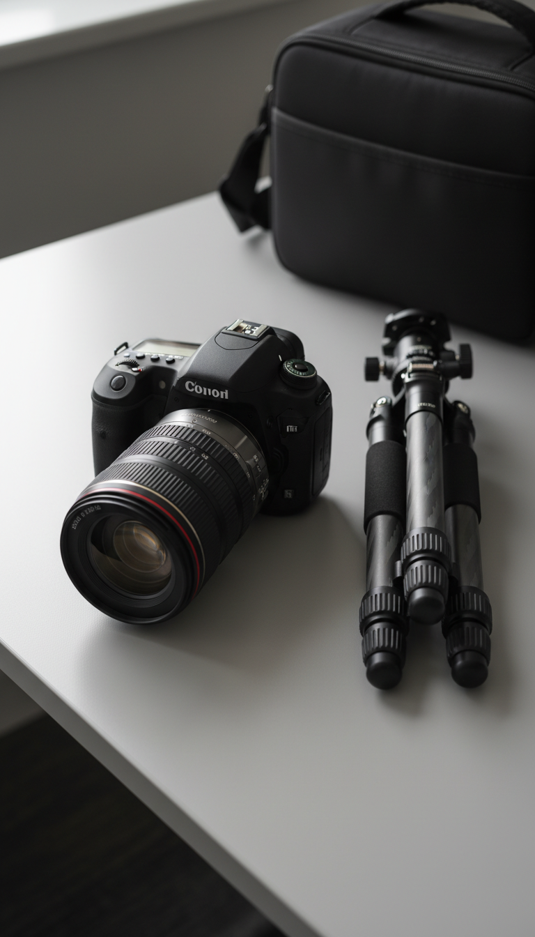 A sophisticated arrangement of high-end camera equipment, including a matte-black full-frame DSLR, professional lens with textured rings, and a sleek carbon-fiber tripod. The gear is meticulously arranged on a clean, light-gray desk with smooth, uncluttered surfaces. Soft diffused natural daylight streams in from the left, creating gentle highlights on the metallic finishes and subtle shadows under the equipment. The mood is serene, focused, and intensely professional, evoking precision and reliability. Captured from a slightly elevated angle using centered composition and a sharp depth of field to keep every detail crisp. The artistic style is photographic realism with a modern, minimalist, and corporate feel, perfectly suited for a professional portfolio in photography and filmmaking.