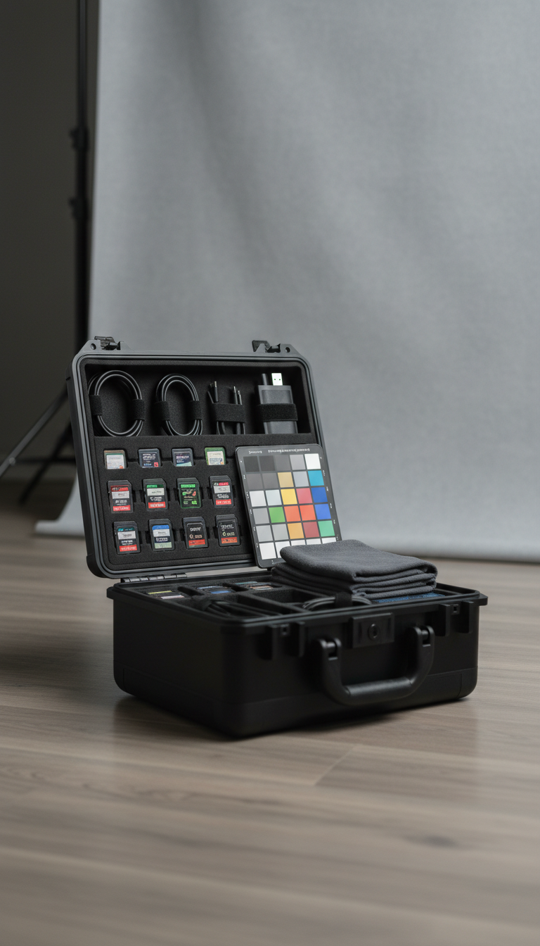 A polished, dark slate camera case ajar to reveal carefully nested memory cards, coiled cables, lens cleaning cloths, and a precision color calibration chart in its foam-lined compartments. The case sits on a neutral-toned, clean hardwood floor adjacent to a streamlined studio backdrop. Overhead softbox lighting casts a gentle, even illumination across the scene, highlighting the orderliness and quality of the tools. The atmosphere is one of readiness and attention to detail, capturing the disciplined approach of a seasoned filmmaking professional. Taken from a low, close-up angle for maximum texture and detail, with a clean, balanced composition. The artistic direction reflects modern photographic minimalism with emphasis on clarity and structure.