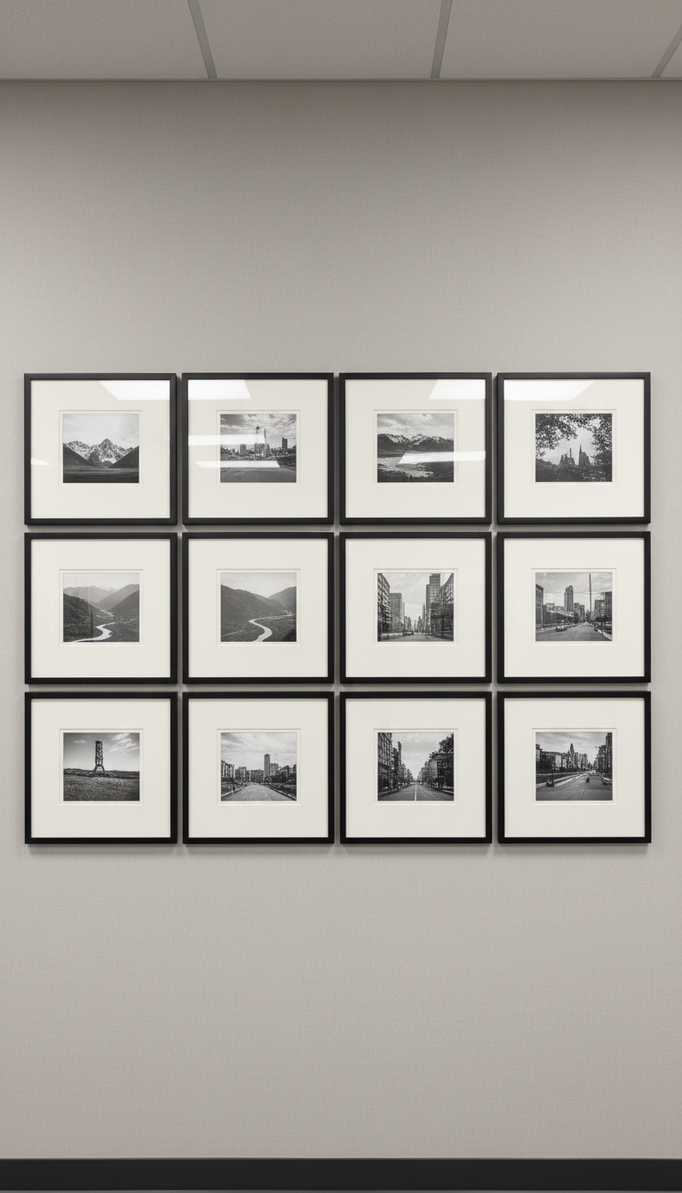 A neatly organized wall-mounted grid of framed photographs, each with fine black aluminum frames and off-white matting, displaying high-contrast landscape and cityscape images. The gallery wall occupies a softly textured, pale-gray office partition with no clutter or distractions. Even, bright studio lighting ensures there are no harsh shadows or hotspots, allowing each print's detail and tonal range to be fully appreciated. The atmosphere is contemplative yet professional, underscoring meticulous presentation and artistic pride. Shot straight-on at eye-level, ensuring symmetry and balance, with a photographic, clean, and corporate aesthetic that aligns with a high-level portfolio showcase.