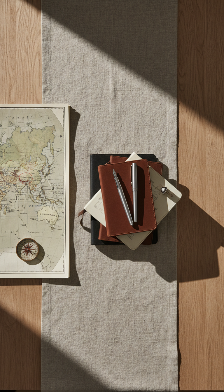 An elegant arrangement of bound travel journals, smooth metal fountain pens, and a high-resolution folded world map with neat, hand-annotated markings, all laid out on a subtle, sand-colored linen runner. The ensemble sits atop a refined wooden table in a minimalist study, with natural, overcast daylight entering from behind, casting soft shadows and gentle highlights across the composition. The mood evokes discovery and reflection in a professional, curated manner. Imaged from an overhead, bird’s eye view for geometric balance and clean lines, employing a sharp focus throughout. The style is modern, photographic realism with a structured and corporate undertone, aligning with the multifaceted expertise of the site’s subject.