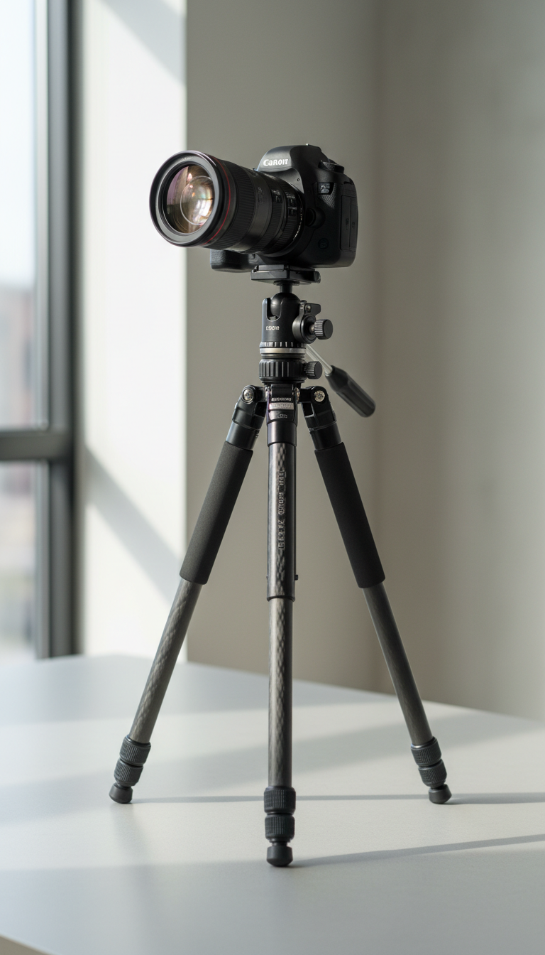 A sophisticated arrangement of high-end camera equipment, including a matte-black full-frame DSLR, professional lens with textured rings, and a sleek carbon-fiber tripod. The gear is meticulously arranged on a clean, light-gray desk with smooth, uncluttered surfaces. Soft diffused natural daylight streams in from the left, creating gentle highlights on the metallic finishes and subtle shadows under the equipment. The mood is serene, focused, and intensely professional, evoking precision and reliability. Captured from a slightly elevated angle using centered composition and a sharp depth of field to keep every detail crisp. The artistic style is photographic realism with a modern, minimalist, and corporate feel, perfectly suited for a professional portfolio in photography and filmmaking.